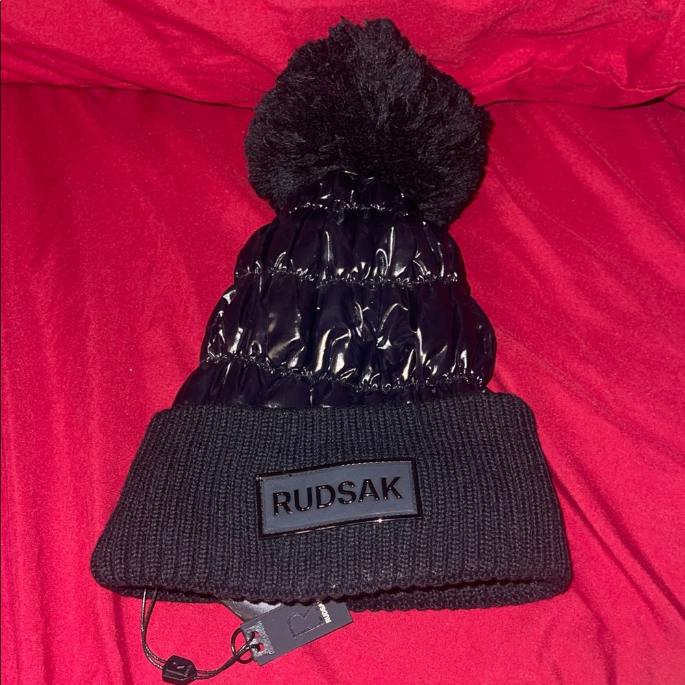 RUDSAK Shiny Black Beanie with Pom-Pom